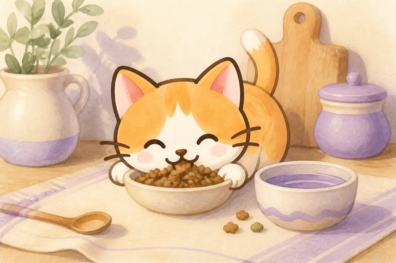小猫在陶瓷碗前用餐