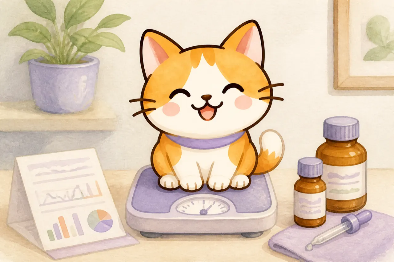 小猫坐在秤上，旁边是报告与药瓶