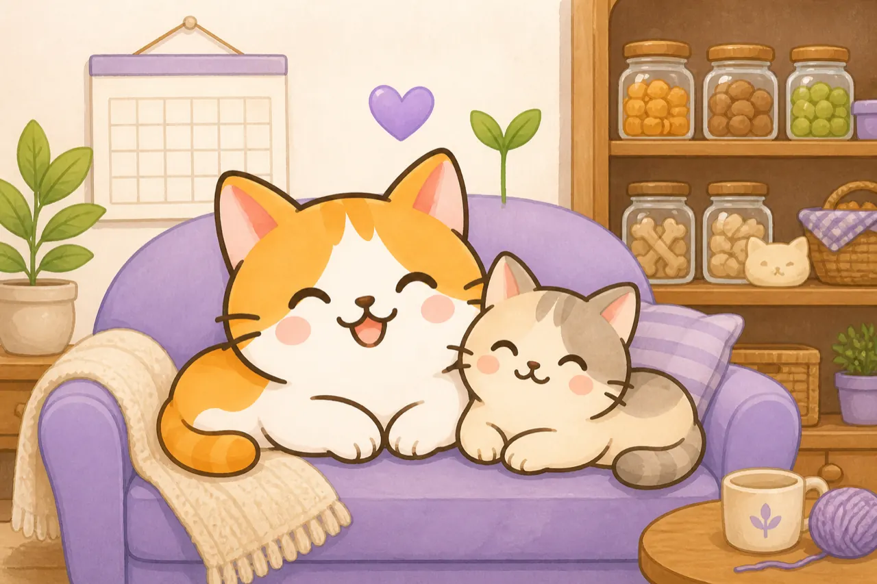 家里两只猫，旁边是日历和日常用品
