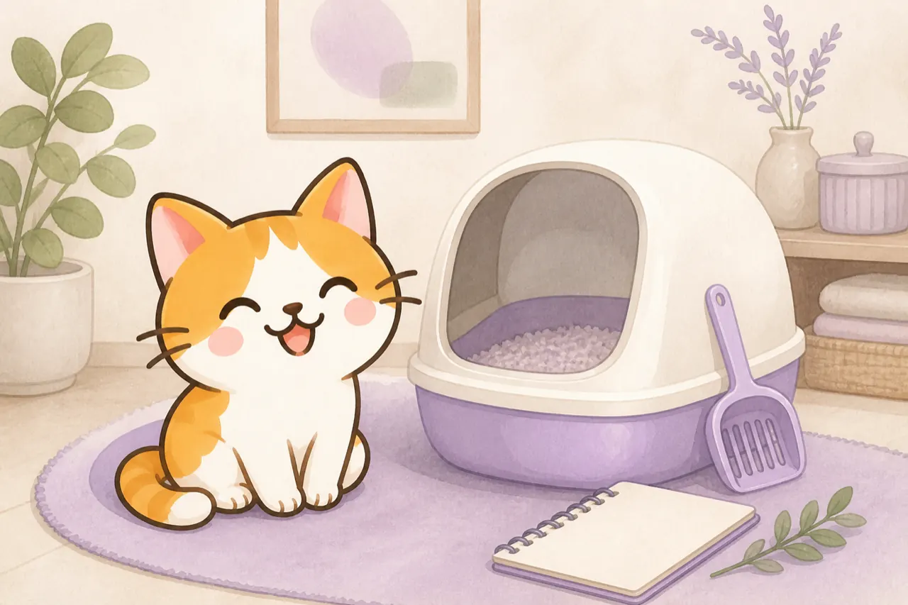 小猫坐在干净的猫砂盆旁